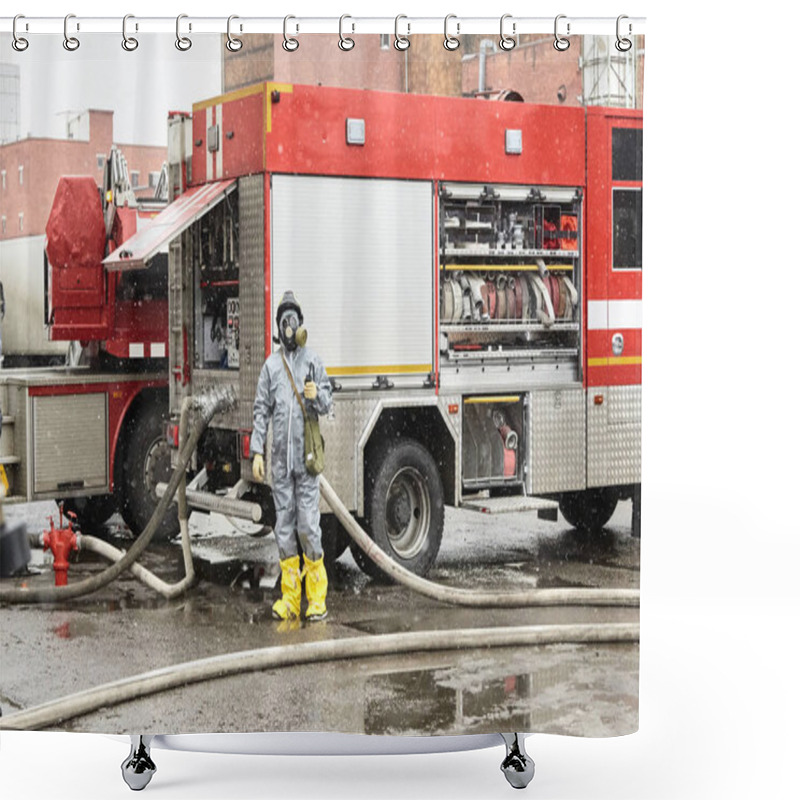 Personality  The Rescuer Is On Duty At Special Equipment For Ensuring Fire Safety. Shower Curtains