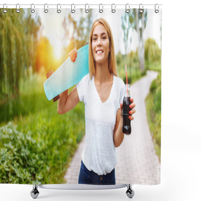 Personality  Girl With A Skate In The Park, Drinking A Drink With A Glass Bottle, Summer Mood Shower Curtains