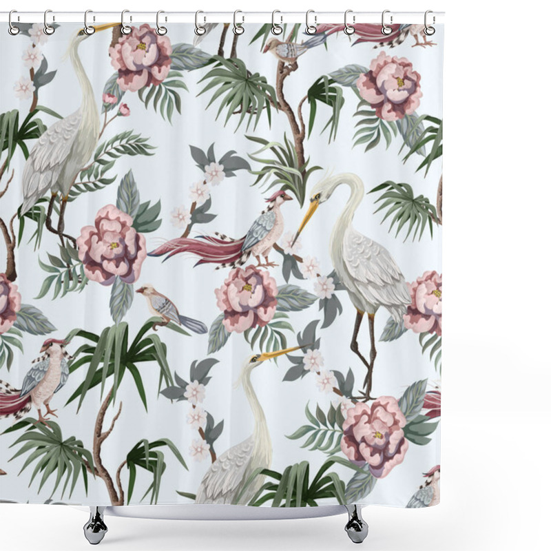 Personality  Seamless Pattern In Chinoiserie Style With Storks, Birds And Peonies. Vector, Shower Curtains