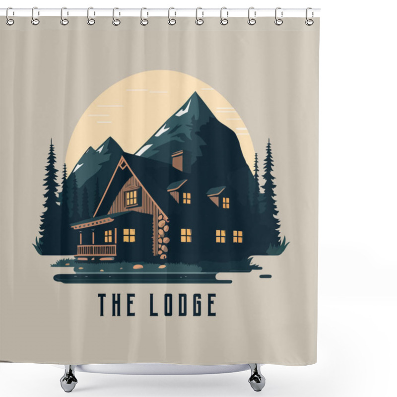 Personality  Lodge Badge Logo, Wood Cabin Nature Forest Logo Vector Illustration, Wooden House Shower Curtains