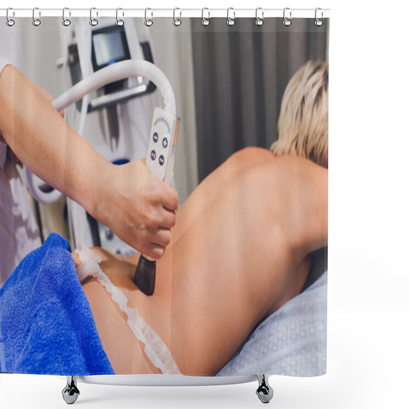 Personality  Cropped View Of Cosmetologist With Roller Doing Buttocks Starvac Massage. Shower Curtains