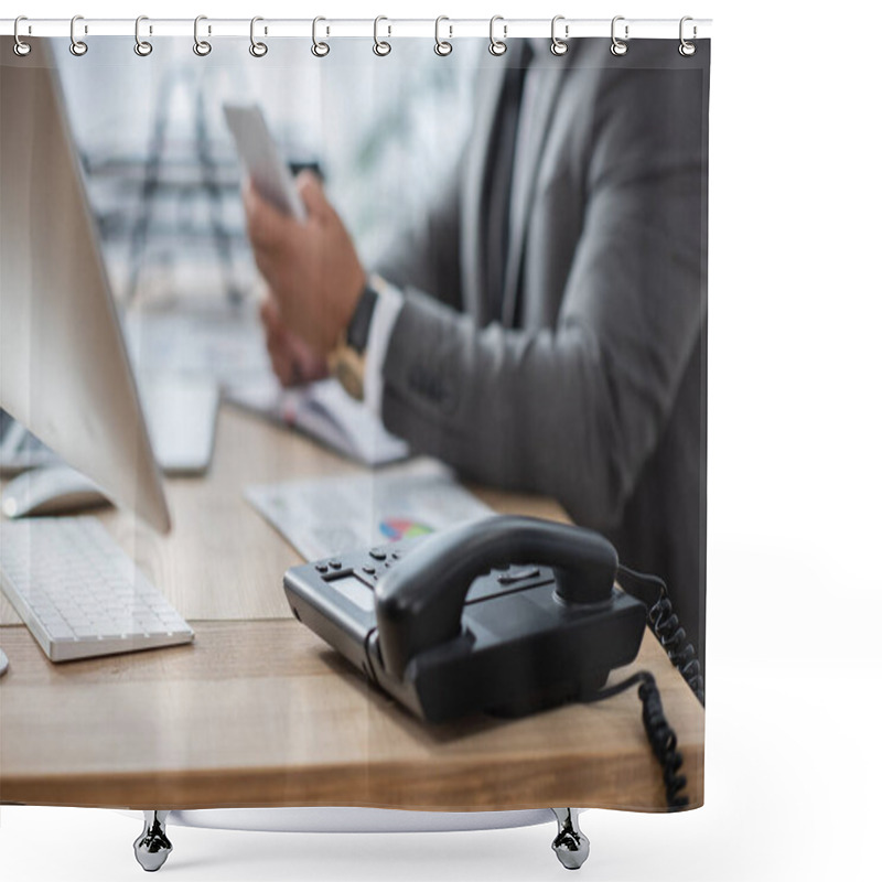 Personality  Selective Focus Of Landline Phone Near Trader Holding Smartphone On Blurred Background Shower Curtains