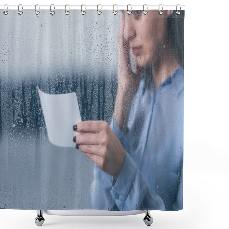 Personality  Cropped View Of Grieving Woman Holding Photograph And Crying Through Window With Raindrops Shower Curtains