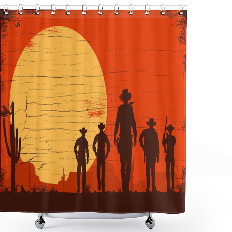 Personality  Silhouette Of Five Cowboys Walking Forward On A Wooden Board Shower Curtains