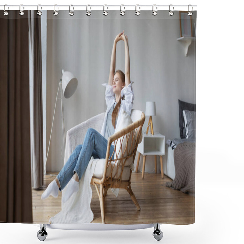 Personality  Happy Calm Young Woman Relaxing Closed Her Eyes On Cozy Chair In Living Room. Enjoying Weekend At Home. Shower Curtains