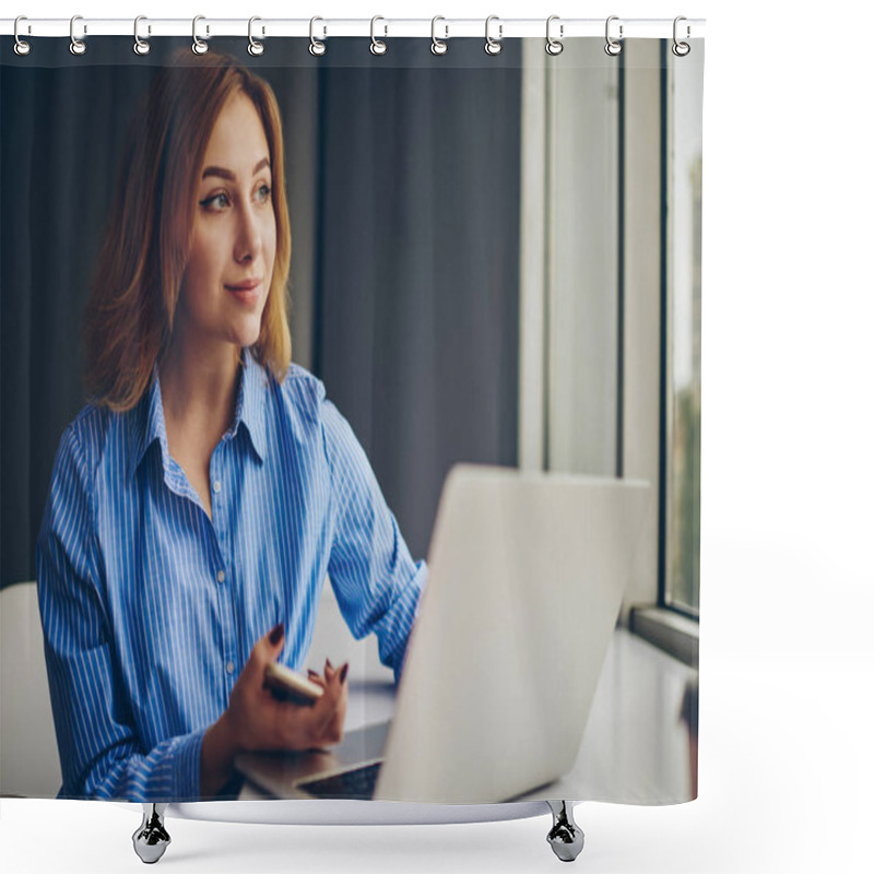 Personality  Pondering Young Woman With Smartphone In Hands Looking Away While Working On Publication At Laptop Using Wireless Internet Connection.Contemplative Student Thinking On Idea For Design Of Web Page Shower Curtains