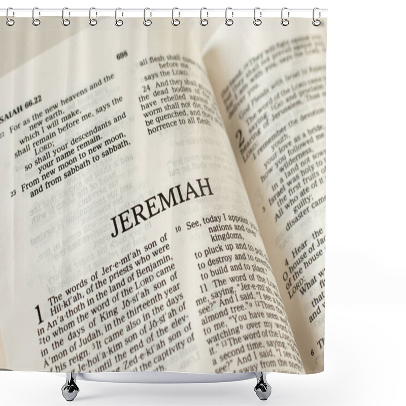 Personality  Open Holy Bible Jeremiah Prophet Book Old Testament Scripture On White Background. Christian Biblical Concept Of Prophecy, Trust, And Faith In God Jesus Christ. A Close-up. Shower Curtains