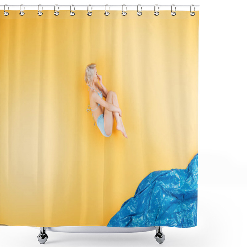 Personality  Young Woman In Swimsuit Jumping In Imagine Sea On Yellow  Shower Curtains