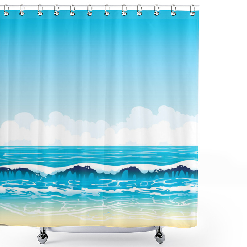 Personality  Sea With Waves And Sandy Beach On A Blue Sky Shower Curtains