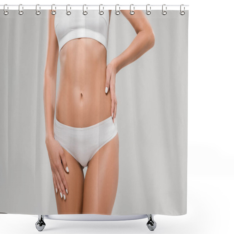 Personality  Cropped View Of Beautiful Slim Woman In Underwear Posing With Hand On Hip Isolated On Grey Shower Curtains