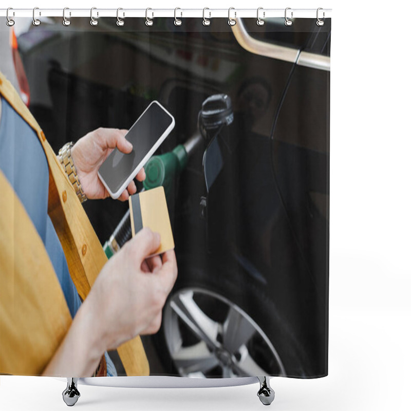 Personality  Cropped View Of Woman Holding Smartphone And Credit Card While Refueling Car On Gas Station  Shower Curtains