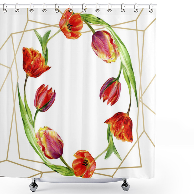 Personality  Amazing Red Tulip Flowers With Green Leaves. Hand Drawn Botanical Flowers. Watercolor Background Illustration. Frame Round Border Ornament. Geometric Quartz Polygon Crystal Stone. Shower Curtains