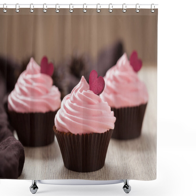 Personality  Homemade Cupcakes Traditional Sweet Dessert With Pink Cream And Red Hearts On Vintage Cloth Background. Shower Curtains