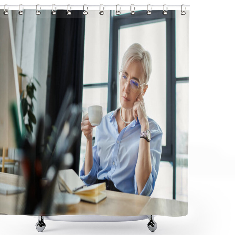 Personality  Middle-aged Businesswoman With Short Hair Enjoys A Moment Of Calm, Sipping Coffee At Her Desk During A Busy Workday. Shower Curtains