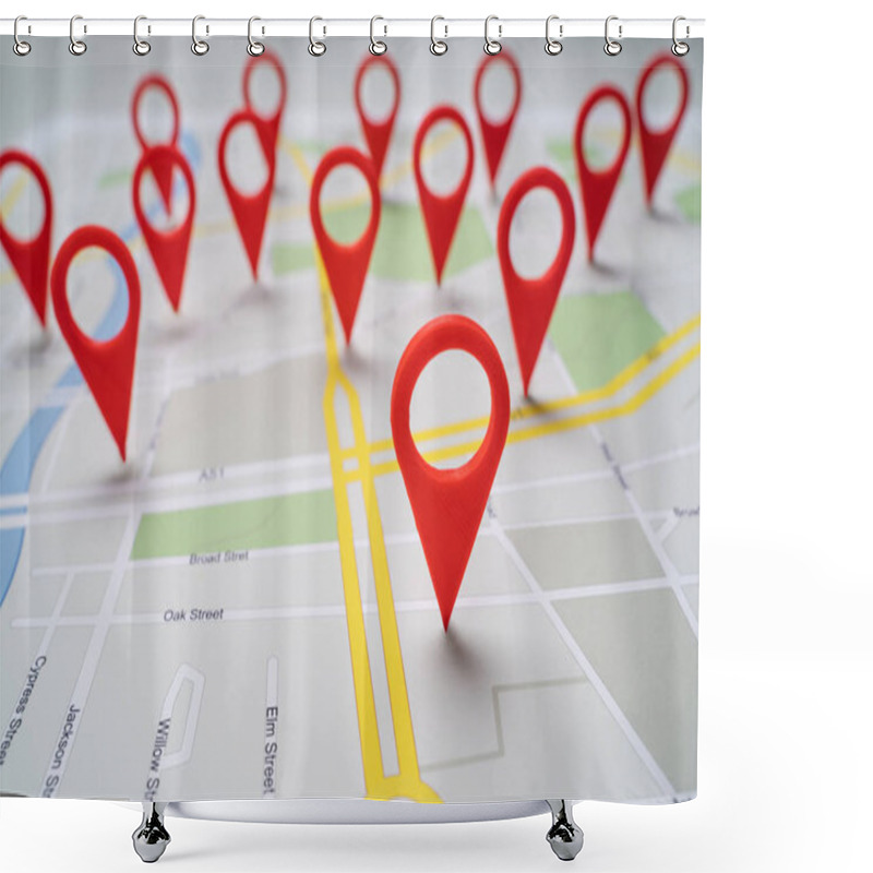 Personality  Close-up Of A Road Map With Red Navigation Icons Shower Curtains