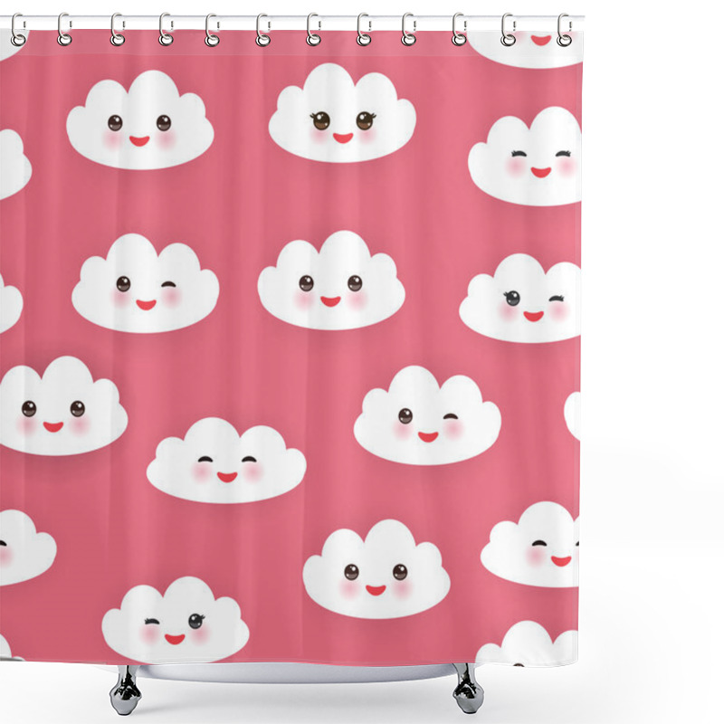 Personality  Kawaii Funny White Clouds Set, Muzzle With Pink Cheeks And Winking Eyes. Seamless Pattern  On Pink Background. Vector Shower Curtains