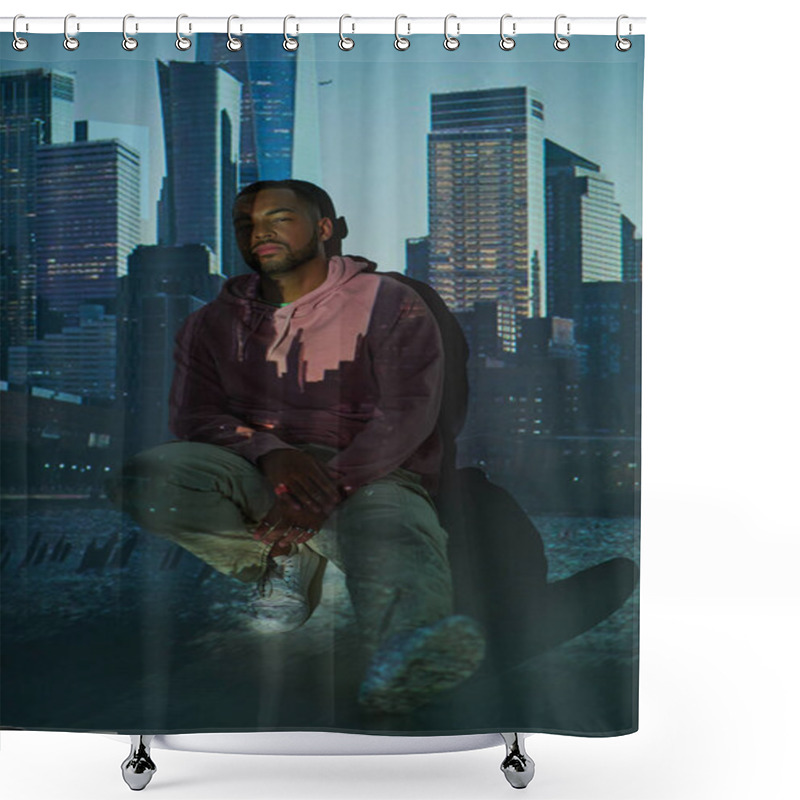 Personality  Good Looking Man In Trendy Pink Hoodie Squatting In Digital Projector Lights, Fashion Concept Shower Curtains