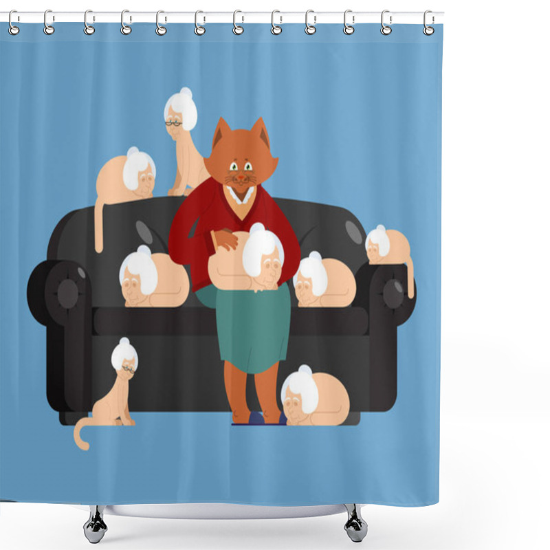 Personality  Cat And Grandmother In Parallel Universe. Big Pet And Old Woman. Shower Curtains