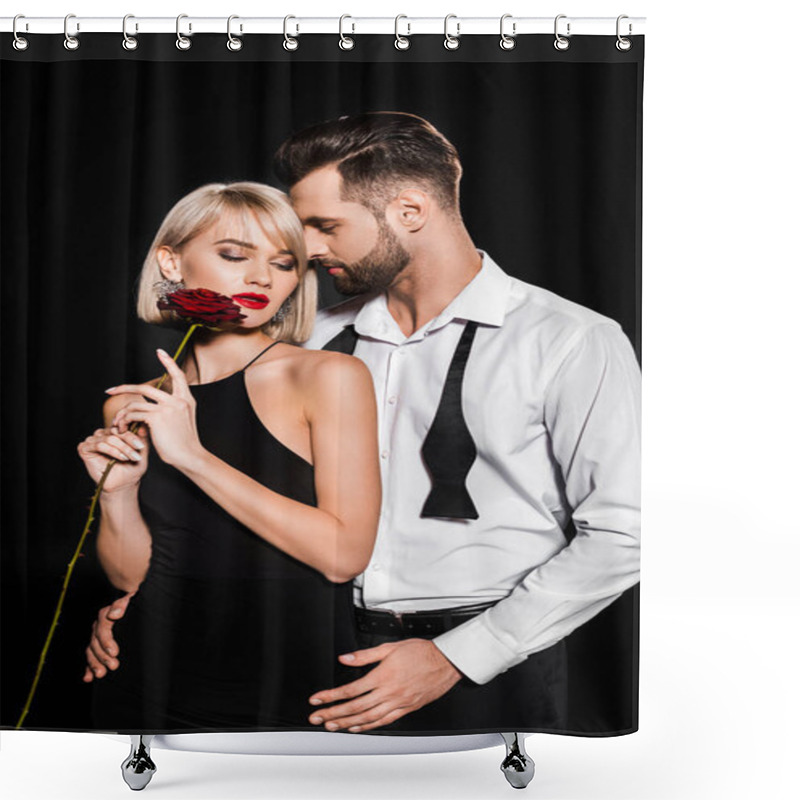 Personality  Handsome Boyfriend Embracing Sensual Girlfriend With Red Rose , Isolated On Black Shower Curtains