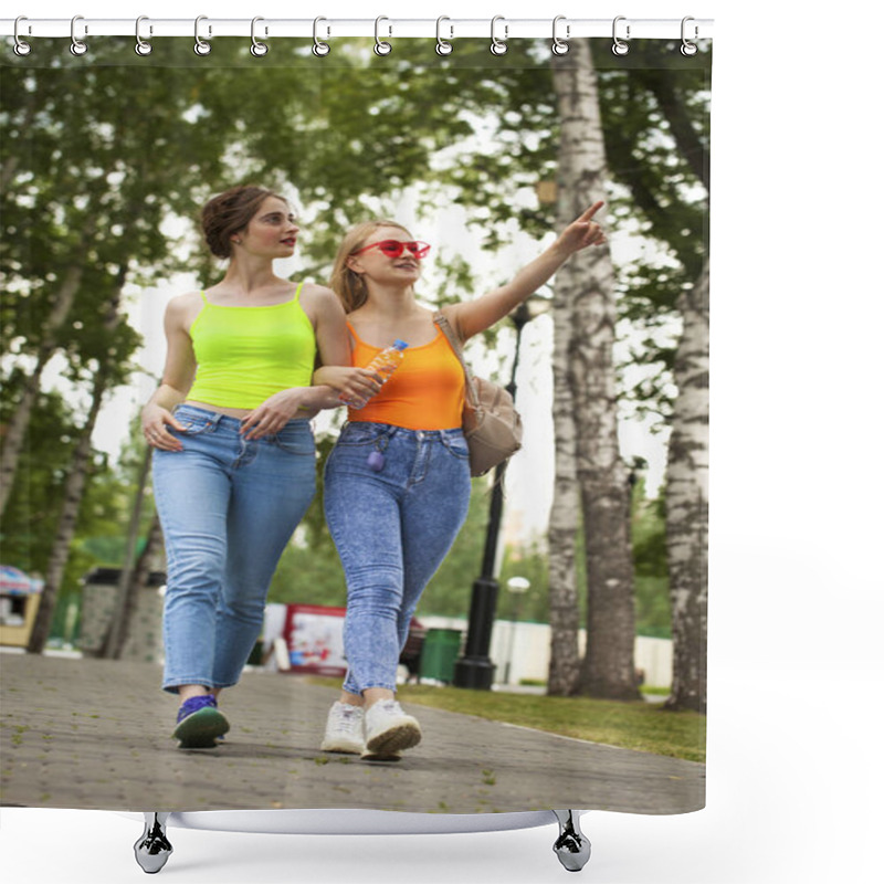 Personality  Two Girlfriends Walking On Summer Park, Outdoors Shower Curtains