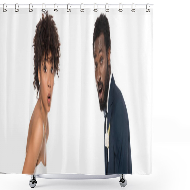 Personality  Panoramic Shot Of Surprised African American Bride And Bridegroom Isolate On White  Shower Curtains