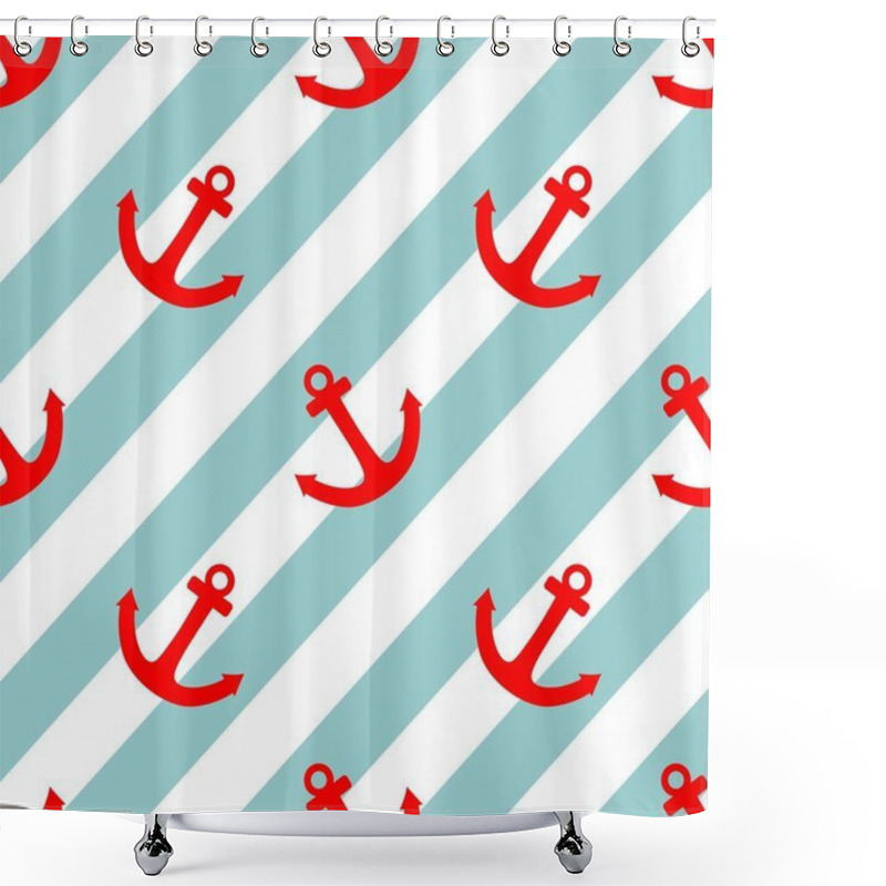 Personality  Tile Sailor Vector Pattern With Red Anchor On White And Blue Stripes Background Shower Curtains