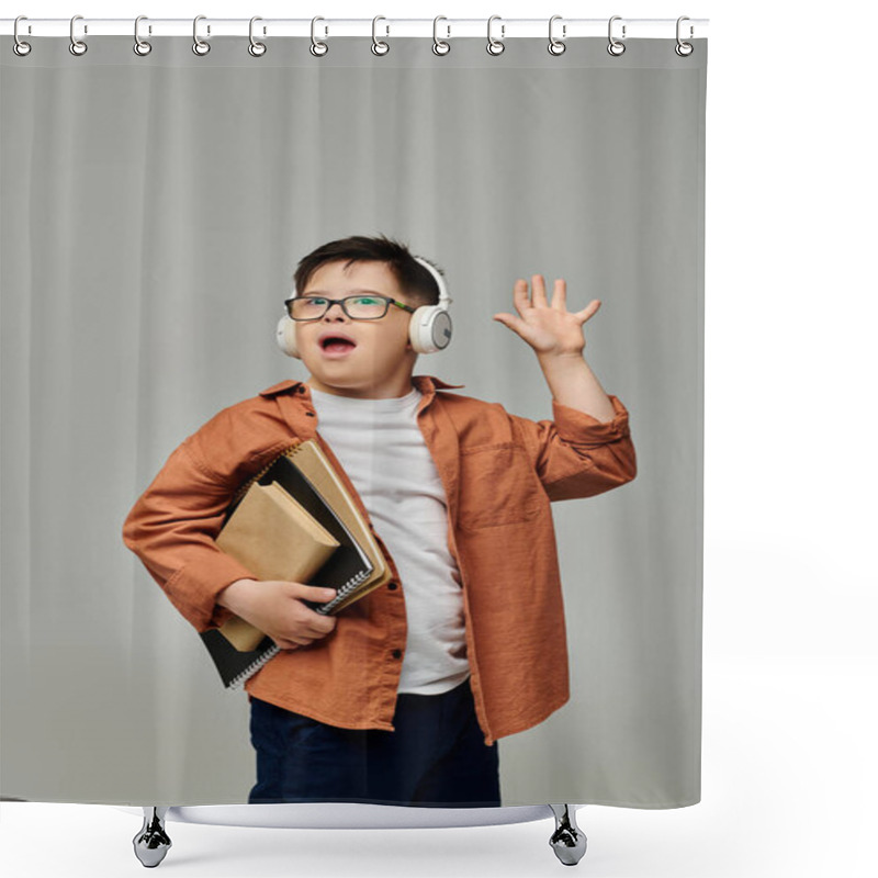 Personality  Little Boy With Down Syndrome, Wearing Headphones And Holding Books. Shower Curtains