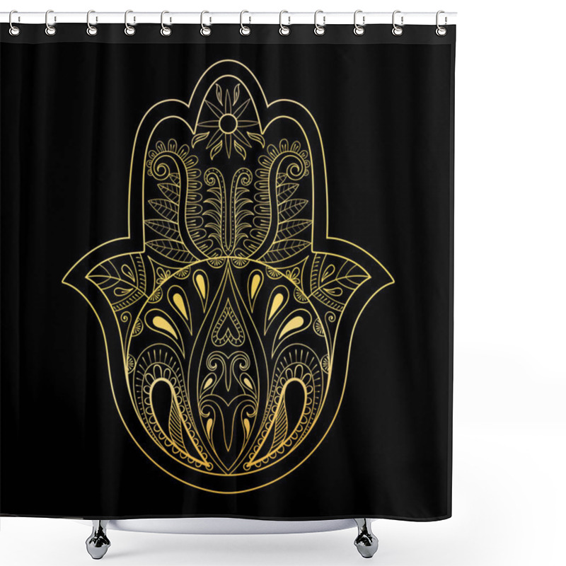 Personality  Golden Hamsa Hand Vector Illustration. Hand Drawn Symbol Of Pray Shower Curtains