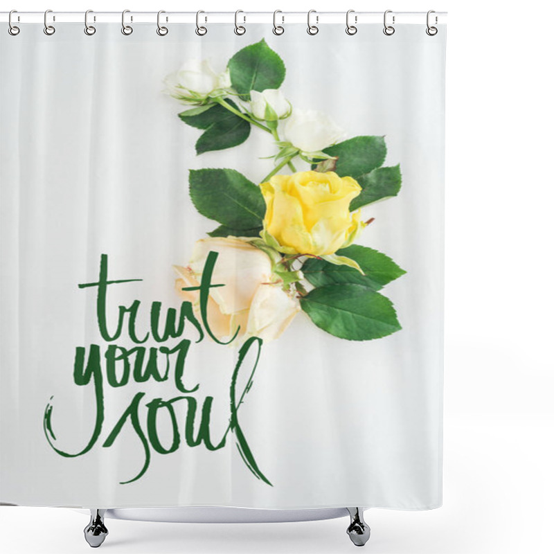 Personality  Top View Of Roses Composition On White Background With Trust Your Soul Lettering Shower Curtains