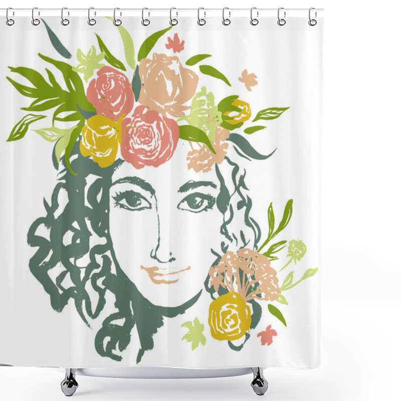 Personality  Grunge Floral Vector Girl Portrait With Hand Drawn Flowers. Shower Curtains