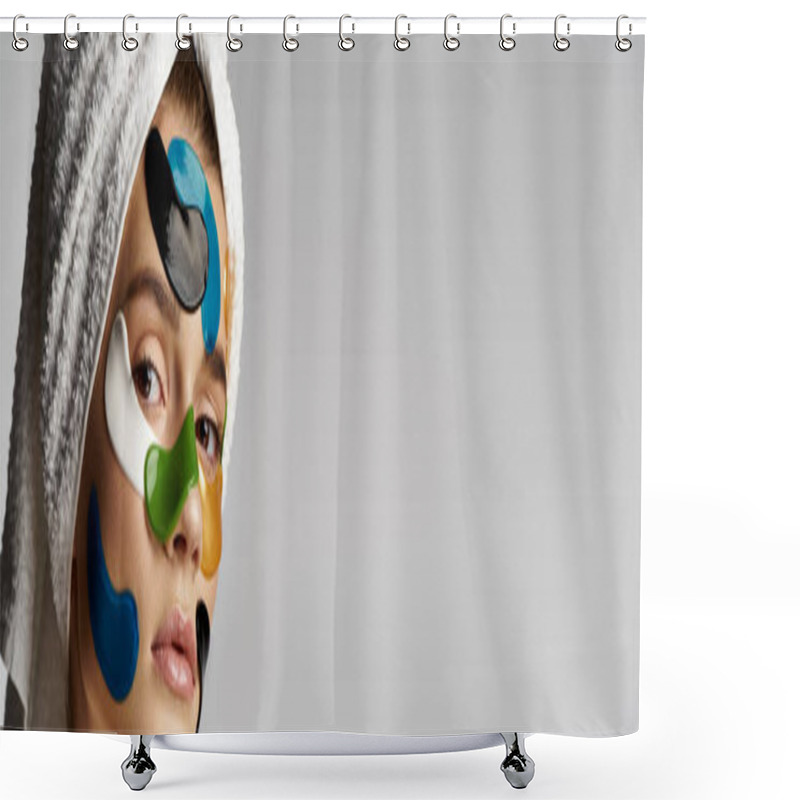 Personality  A Stunning Young Woman With Eye Patches On Her Face, Enhancing Her Natural Beauty With Intricate Designs And Patterns. Shower Curtains