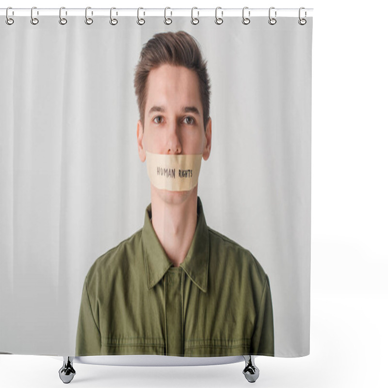 Personality  Man With Scotch Tape On Mouth With Human Rights Lettering Isolated On White Shower Curtains