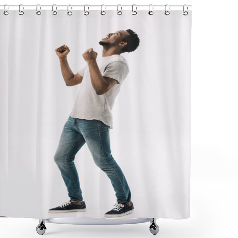 Personality  Excited African American Man Gesturing While Celebrating Triumph Isolated On White  Shower Curtains