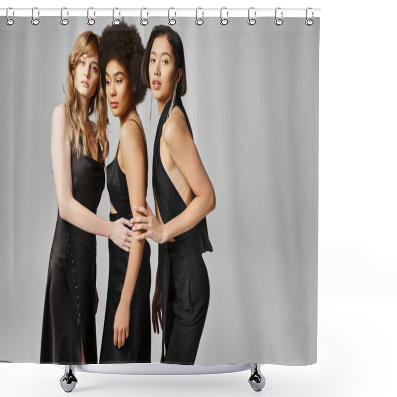 Personality  Three Diverse Women - Caucasian, Asian, And African American - Standing Elegantly Together Against A Grey Studio Background. Shower Curtains