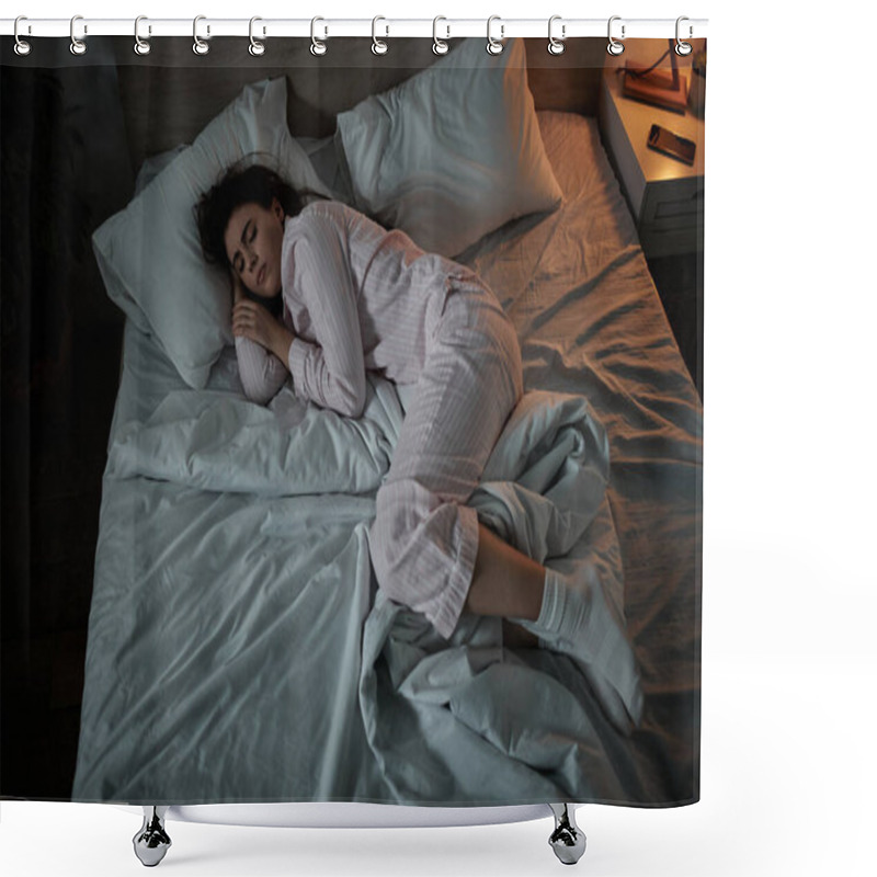 Personality  A Woman Lies Curled Up In Bed, Battling Her Inner Turmoil And Feelings Of Sadness As Night Falls. Shower Curtains