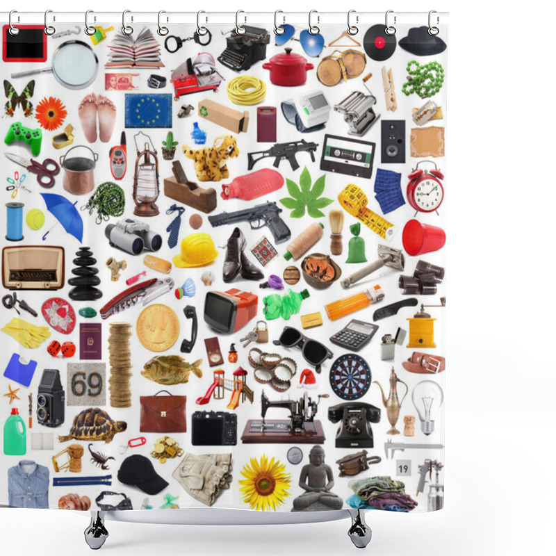 Personality  Collection Of Objects In Chaos In White Background Shower Curtains