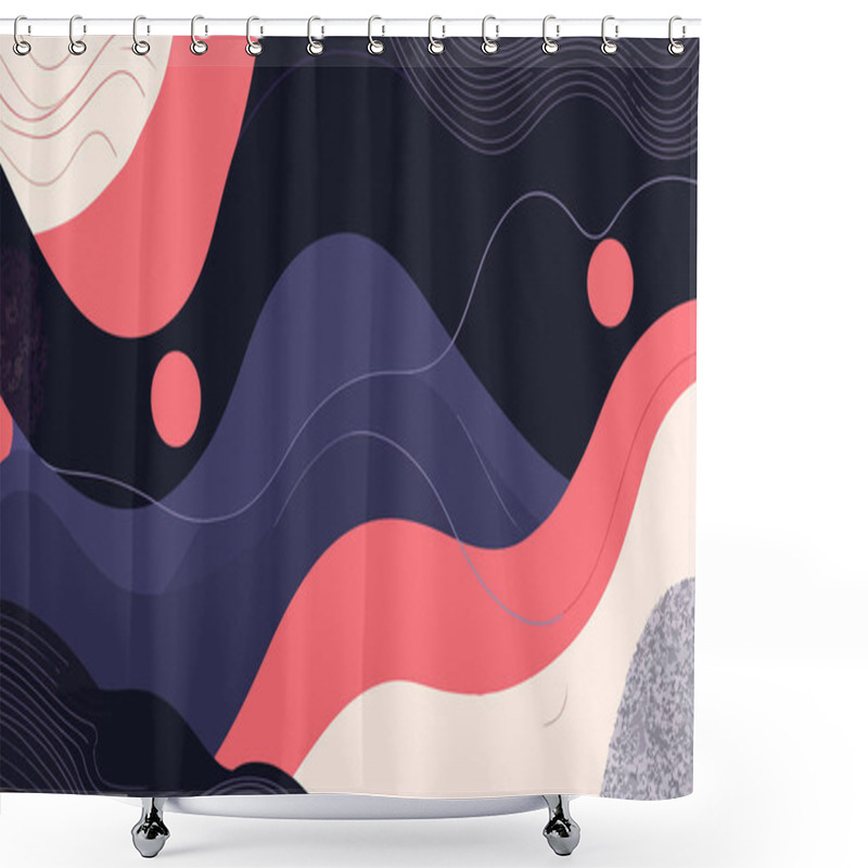 Personality  Modern Abstract Design Featuring Flowing Waves Of Dark Blue, Coral, And Cream Colors, Interspersed With Circular Shapes And Fine Line Details, Creating A Dynamic And Artistic Composition Shower Curtains