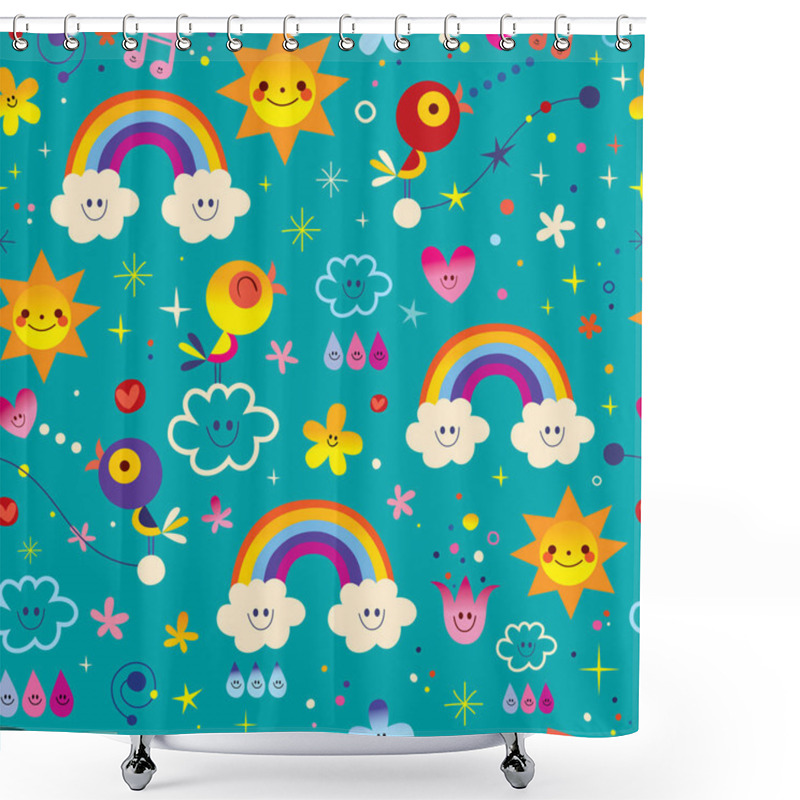 Personality  Cute Birds, Flowers, Sun, Rainbow, Clouds, Raindrops Seamless Pattern Shower Curtains