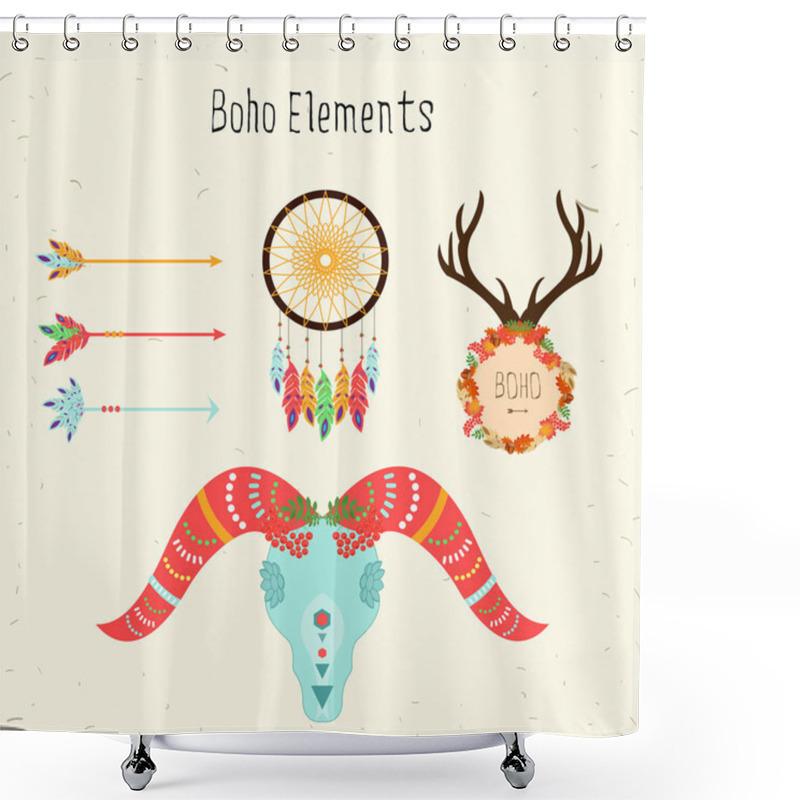 Personality  Boho Elements. Vector Ethnic Set With Arrows And Sheep Skull, Floral Peace Pattern, Deer Antlers And Dream Catcher Shower Curtains