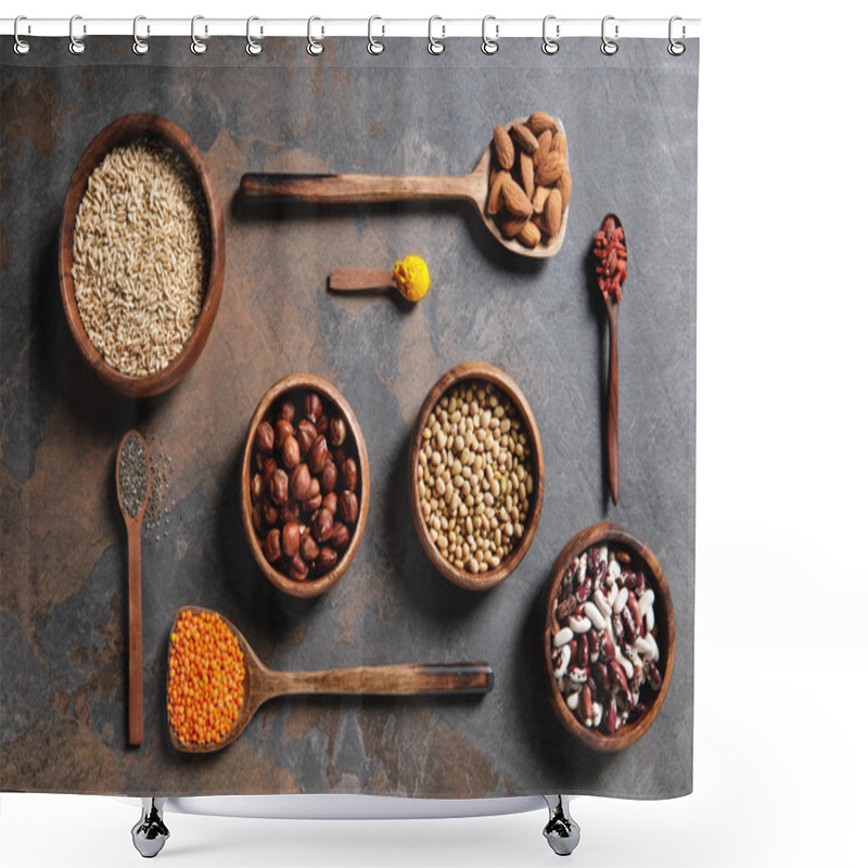 Personality  Top View Of Wooden Bowls And Spoons With Superfoods, Legumes And Grains On Table Shower Curtains