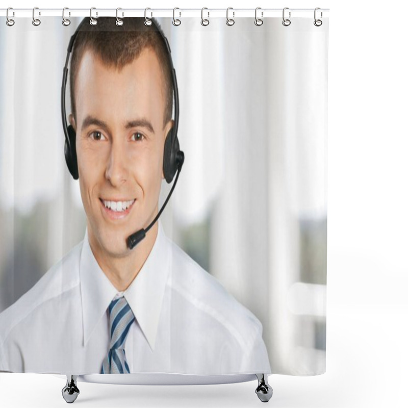 Personality  Portrait Of A Smiling Man With Headset  Shower Curtains