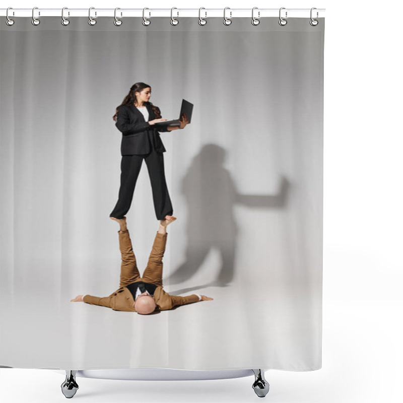 Personality  Woman In Business Attire With Laptop Balancing On Feet Of Man Formal Wear, Couple Of Acrobats Shower Curtains