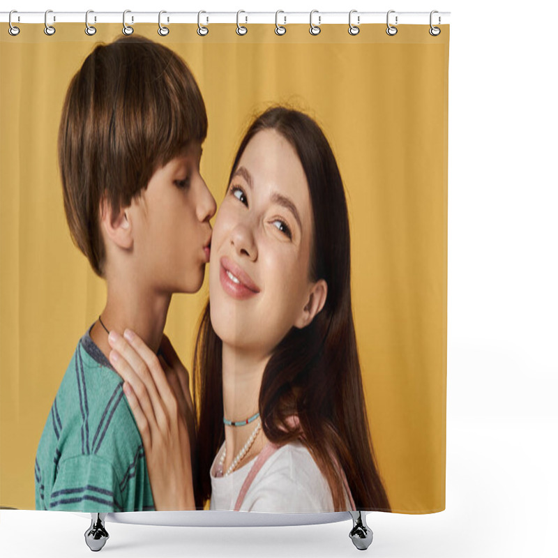 Personality  A Young Mother Beams With Pride As Her Son Affectionately Kisses Her Cheek In A Cheerful Studio. Shower Curtains