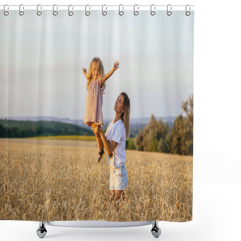 Personality  Beautiful Young Mother And Her Daughter Having Fun At The Wheat Field Shower Curtains