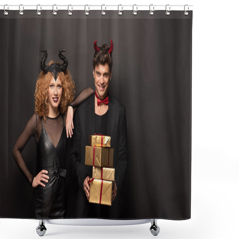 Personality  Beautiful Smiling Couple Posing In Halloween Costumes With Presents On Black Shower Curtains