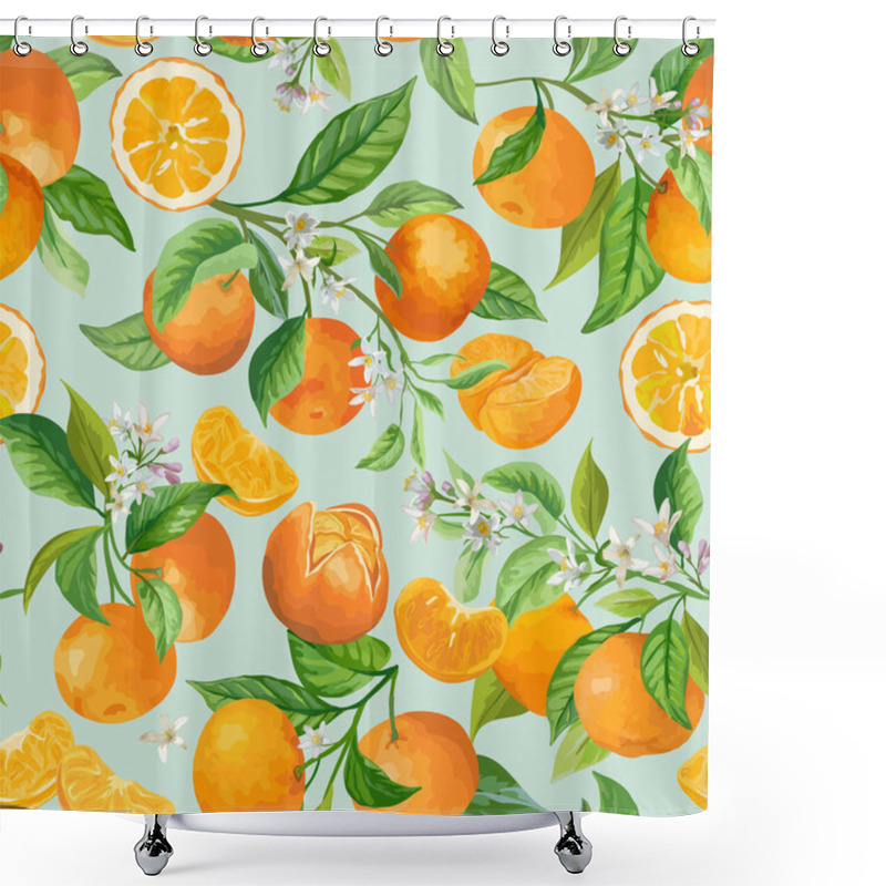 Personality  Seamless Mandarin Floral Pattern. Vector Fruit Background, Citrus Fruits, Flowers, Leaves, Orange Branches Texture Shower Curtains