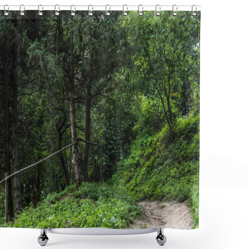 Personality  Scenic Shot Of Rural Pathway In Beautiful Green Forest On Hill Shower Curtains