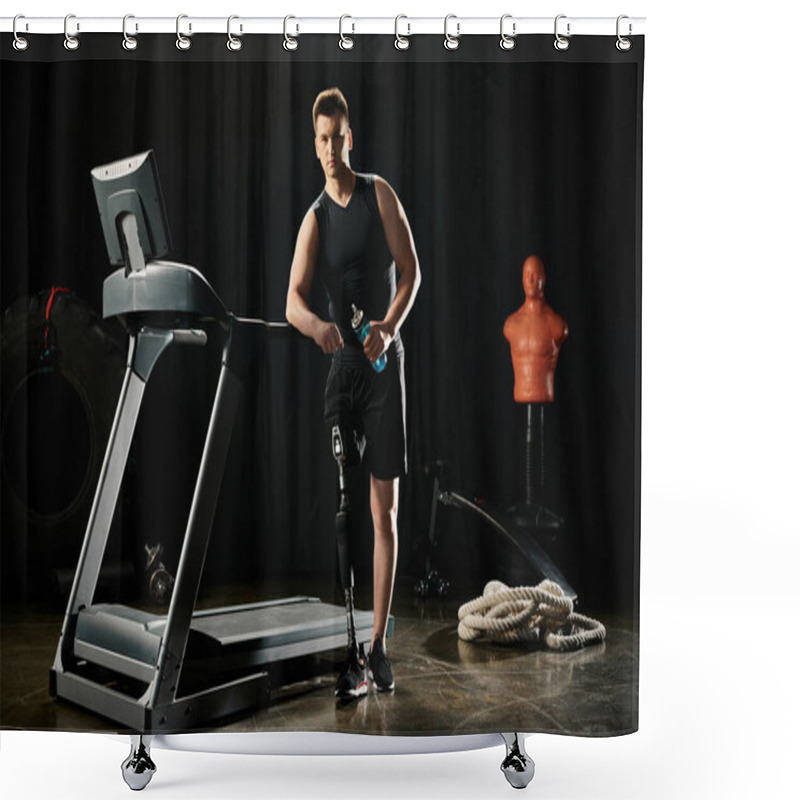 Personality  A Disabled Man With A Prosthetic Leg Stands On A Treadmill In A Dark Room, Focused On His Workout Routine. Shower Curtains