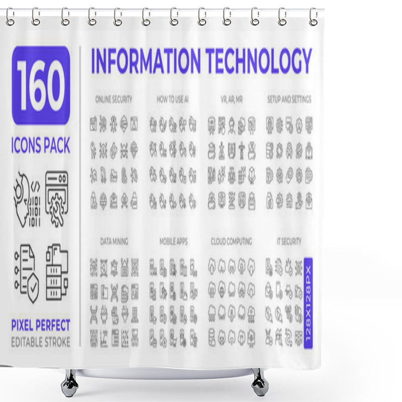 Personality  Information Technology Line Icons Set Collection. Online Security. Data Mining. Cloud Computing. AI, IT Mega Pack Of Linear Pictograms, Pixel Perfect. Isolated Vector Illustrations. Editable Stroke Shower Curtains