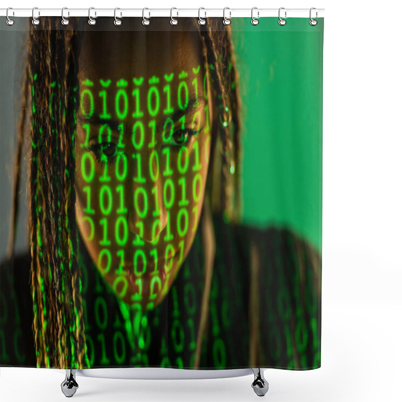 Personality  African American Woman With Projection Of Binary Code On Grey Background  Shower Curtains